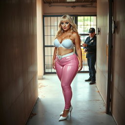 A full-length photograph of a sexy, stunning, and beautiful thick chubby 18-year-old girl with vibrant blond hair and striking crystal blue eyes