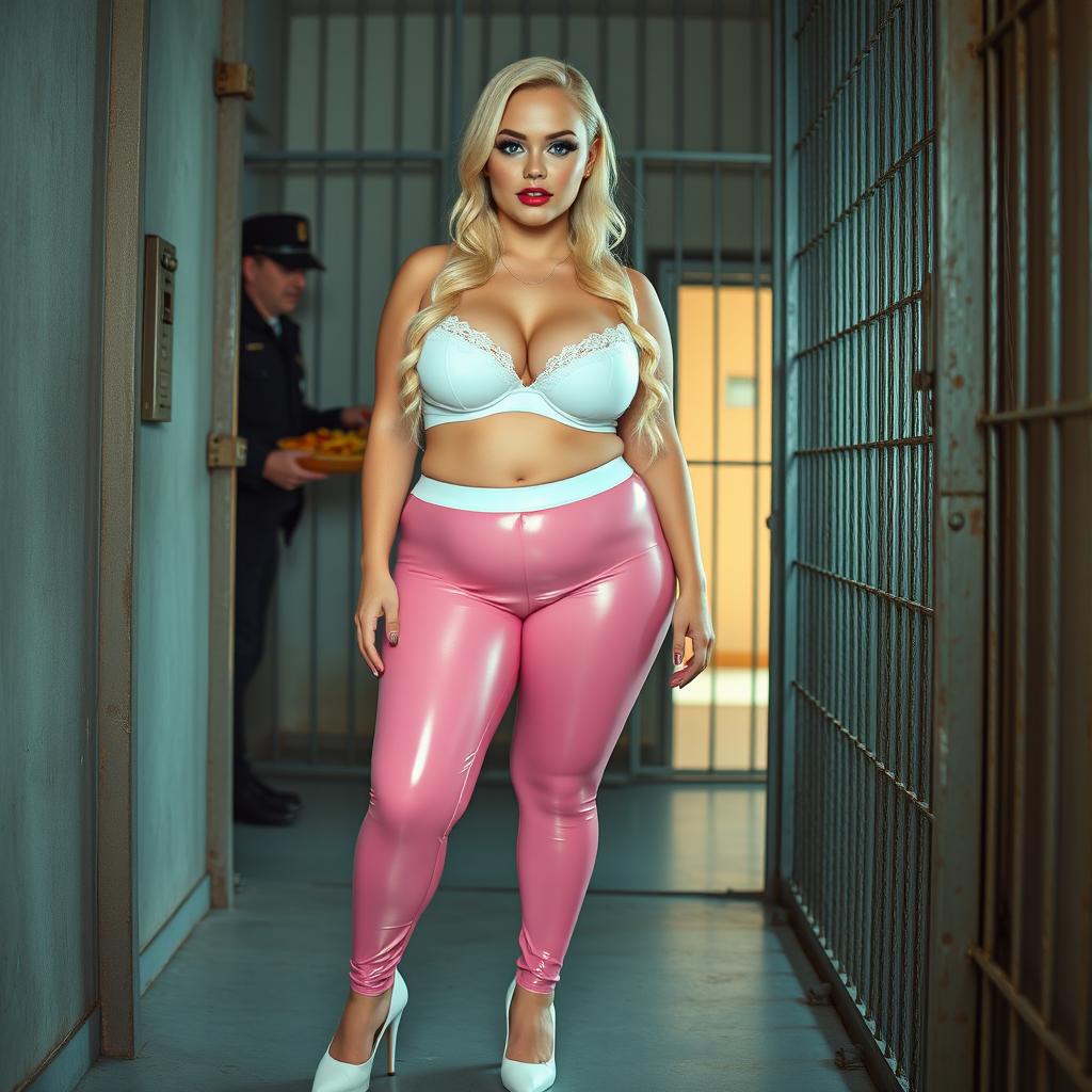 A full-length photograph of a sexy, stunning, and beautiful thick chubby 18-year-old girl with vibrant blond hair and striking crystal blue eyes