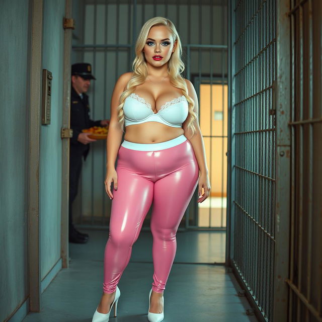 A full-length photograph of a sexy, stunning, and beautiful thick chubby 18-year-old girl with vibrant blond hair and striking crystal blue eyes