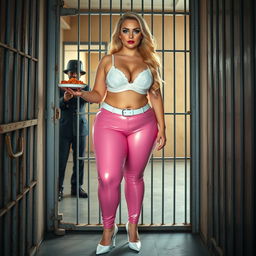 A full-length photograph of a sexy, stunning, and beautiful thick chubby 18-year-old girl with vibrant blond hair and striking crystal blue eyes