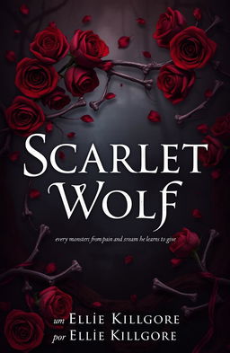 A dark and atmospheric book cover for 'Scarlet Wolf' featuring a haunting landscape with intertwining dark scarlet roses and bone elements artistically integrated into the design