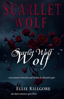 A dark and atmospheric book cover for 'Scarlet Wolf' featuring a haunting landscape with intertwining dark scarlet roses and bone elements artistically integrated into the design
