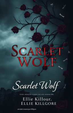 A dark and atmospheric book cover for 'Scarlet Wolf' featuring a haunting landscape with intertwining dark scarlet roses and bone elements artistically integrated into the design