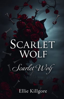 A dark and atmospheric book cover for 'Scarlet Wolf' featuring a haunting landscape with intertwining dark scarlet roses and bone elements artistically integrated into the design