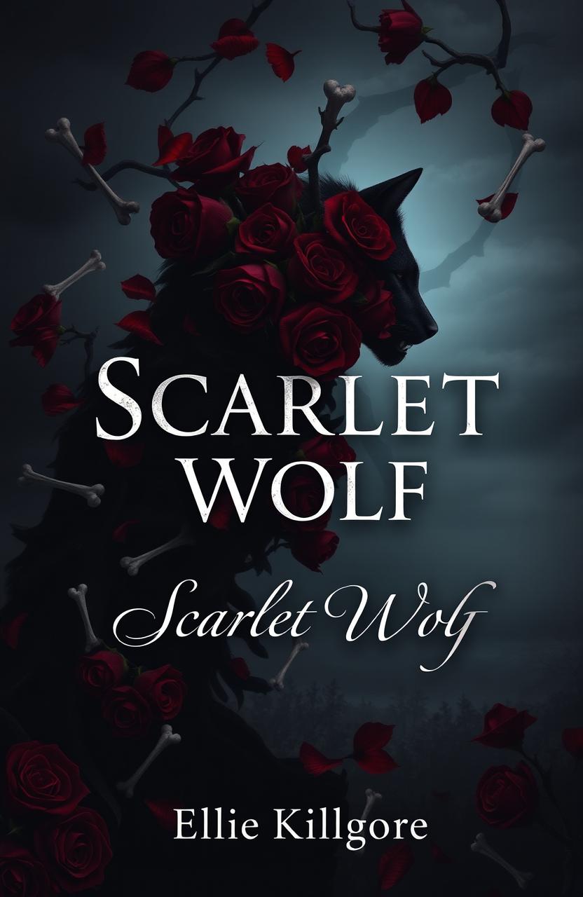 A dark and atmospheric book cover for 'Scarlet Wolf' featuring a haunting landscape with intertwining dark scarlet roses and bone elements artistically integrated into the design