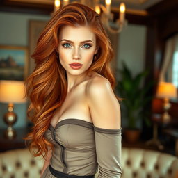 A captivating busty redhead with luxurious, flowing auburn hair, glowing skin, and striking green eyes