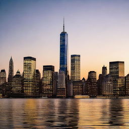 The iconic New York City skyline at dusk, displaying all the radiant lights of the towering skyscrapers, reflecting on the calm waters of the Hudson River.