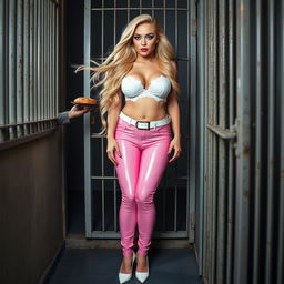 A full-length photograph of a sexy, stunning, and thick chubby 18-year-old girl with flowing blond hair and captivating crystal blue eyes