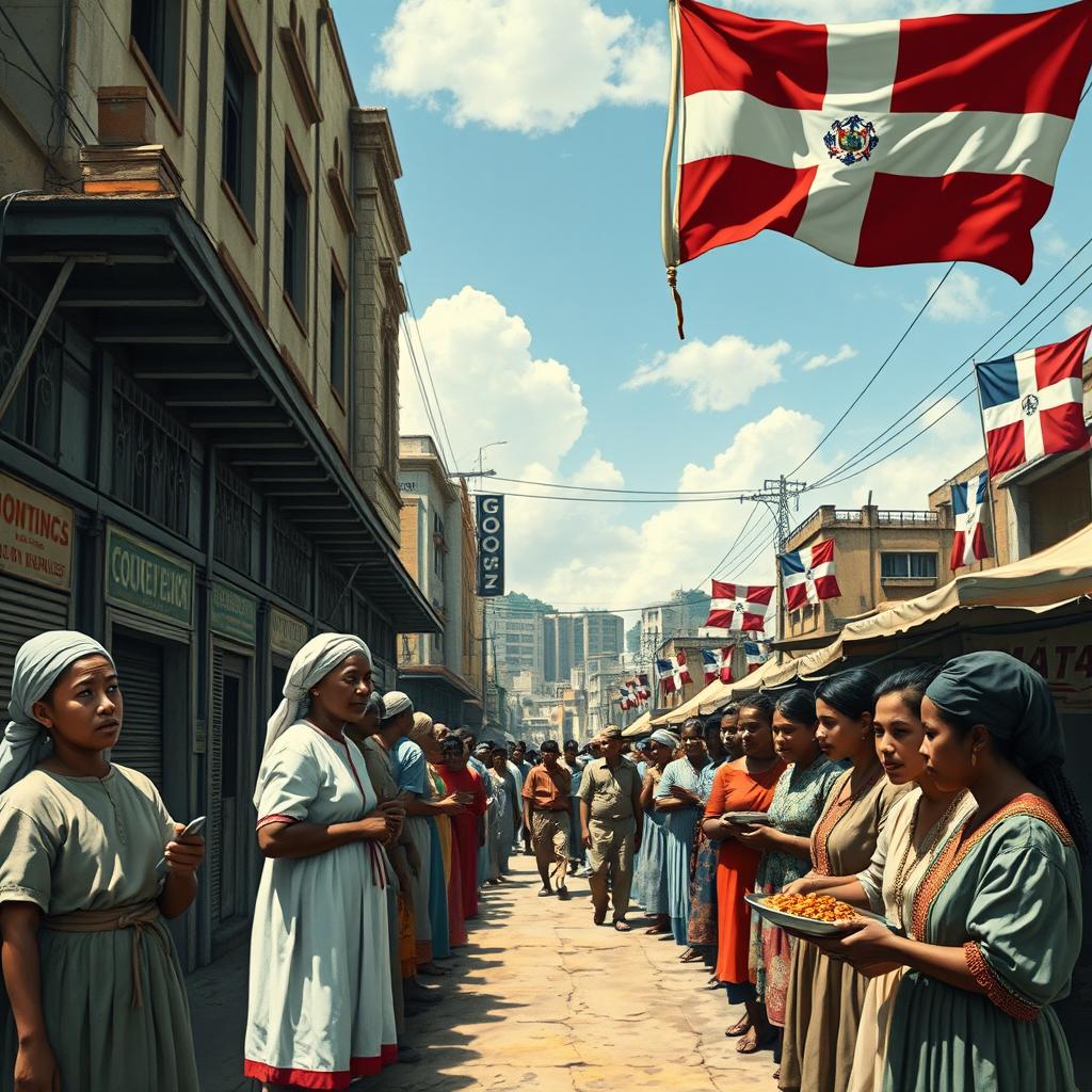A historical depiction of the Great Depression in the Dominican Republic, showcasing a contrast of economic struggle and resilience