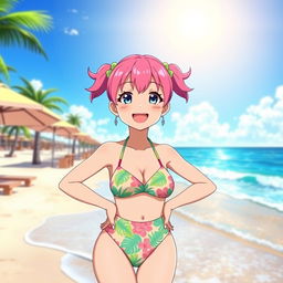 An anime girl with vibrant pink hair styled in playful pigtails, wearing a colorful bikini that features tropical patterns