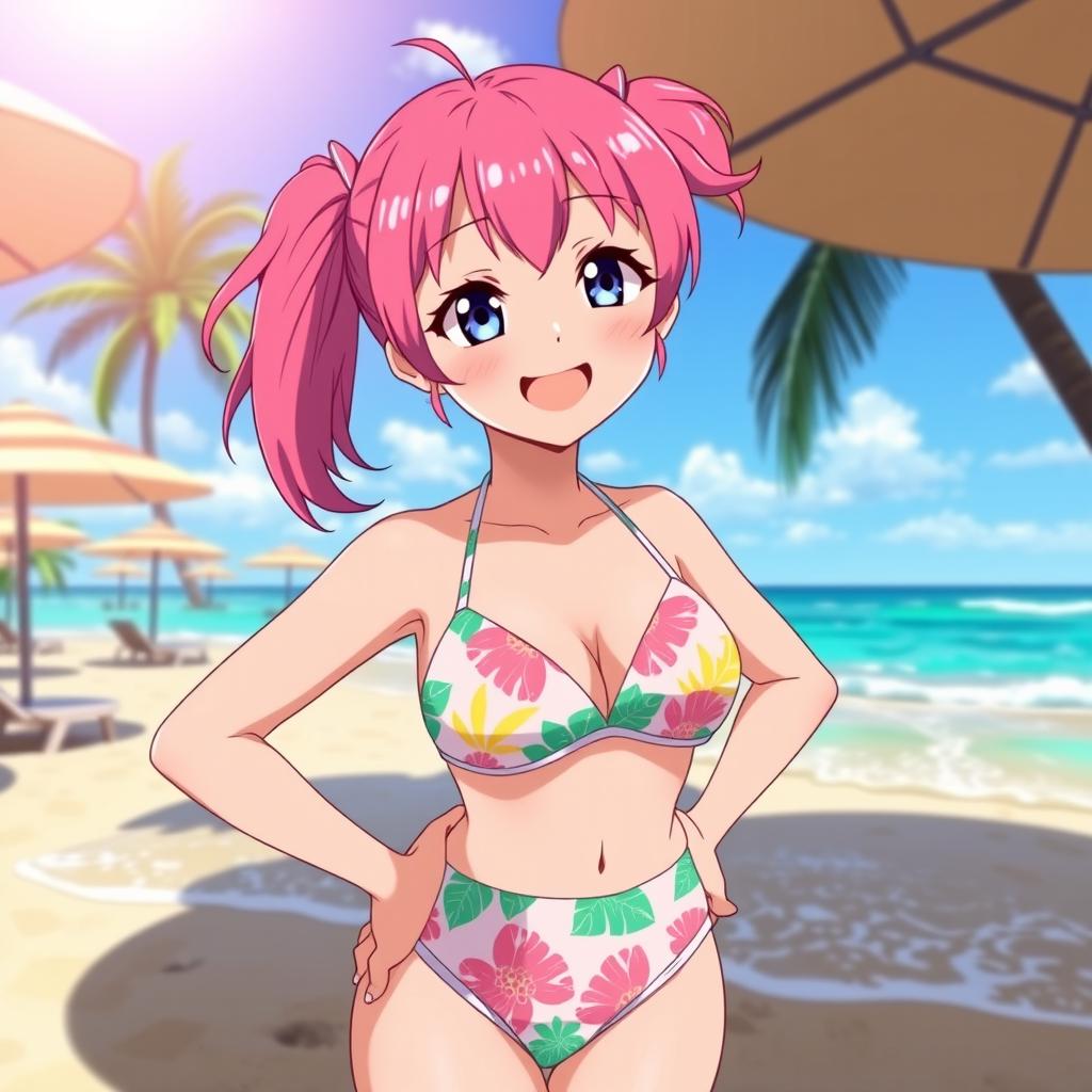 An anime girl with vibrant pink hair styled in playful pigtails, wearing a colorful bikini that features tropical patterns