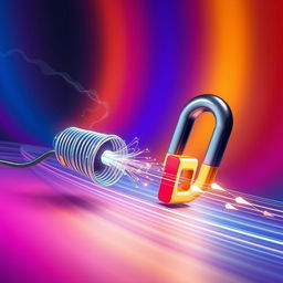 A creative depiction of electromagnetic induction, featuring swirling electric and magnetic fields interacting