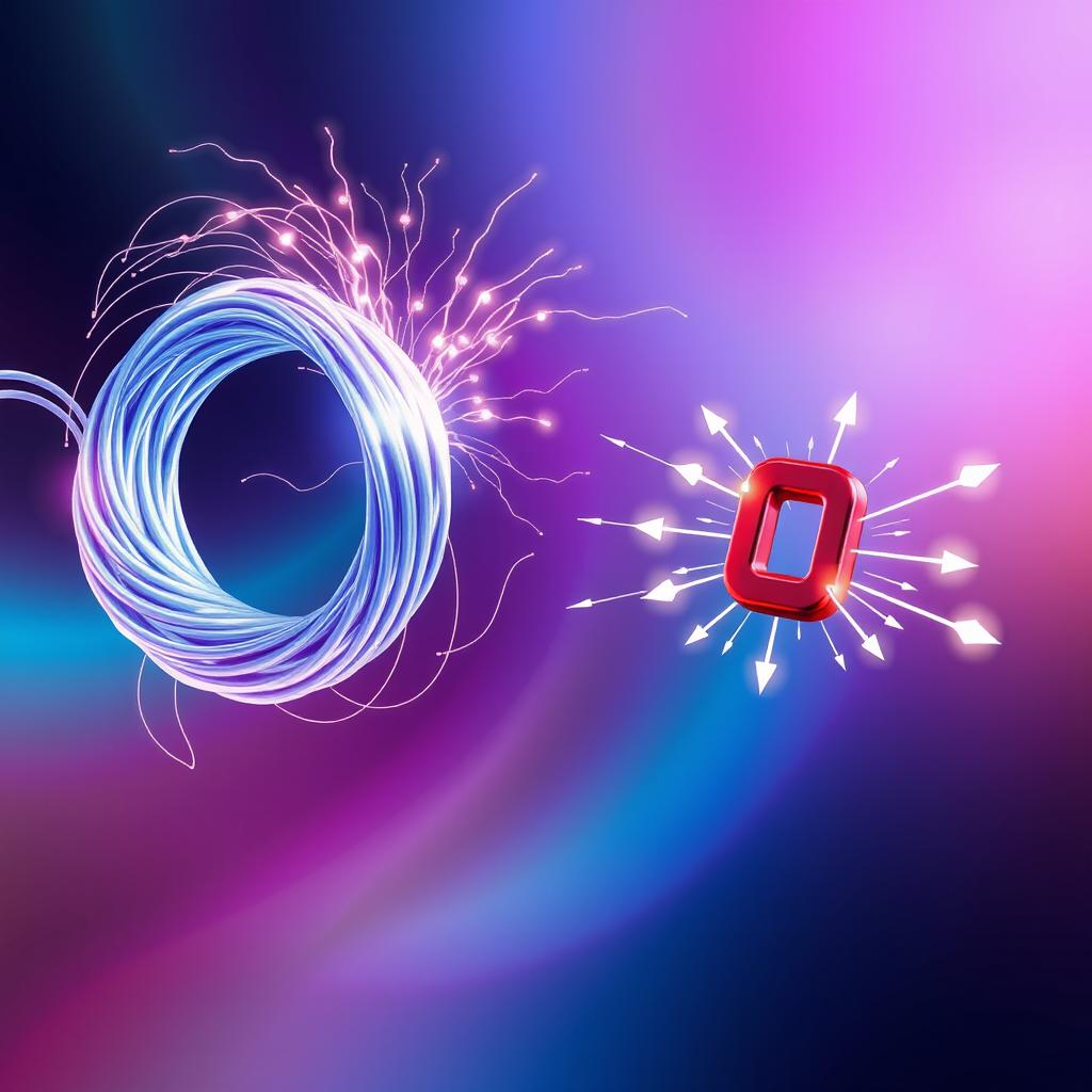 A creative depiction of electromagnetic induction, featuring swirling electric and magnetic fields interacting