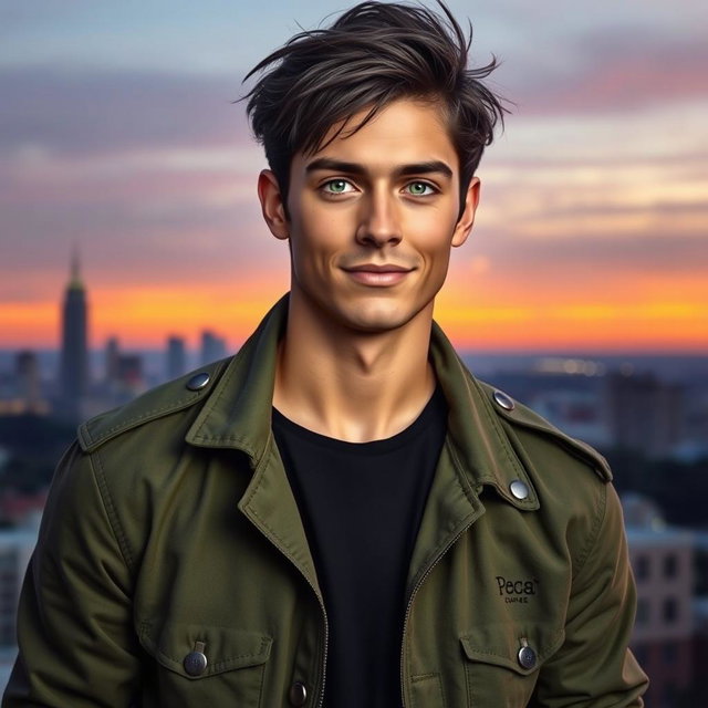 A highly detailed portrait of a handsome young man with messy black hair and striking green eyes, dressed in a casual yet stylish outfit consisting of a fitted olive green military jacket and a simple black T-shirt underneath