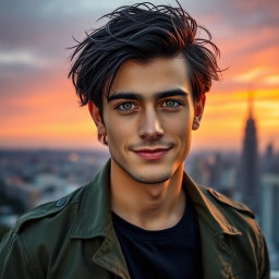 A highly detailed portrait of a handsome young man with messy black hair and striking green eyes, dressed in a casual yet stylish outfit consisting of a fitted olive green military jacket and a simple black T-shirt underneath