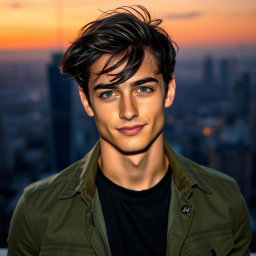 A highly detailed portrait of a handsome young man with messy black hair and striking green eyes, dressed in a casual yet stylish outfit consisting of a fitted olive green military jacket and a simple black T-shirt underneath
