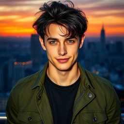 A highly detailed portrait of a handsome young man with messy black hair and striking green eyes, dressed in a casual yet stylish outfit consisting of a fitted olive green military jacket and a simple black T-shirt underneath