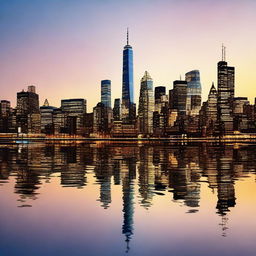 The iconic New York City skyline at dusk, displaying all the radiant lights of the towering skyscrapers, reflecting on the calm waters of the Hudson River.