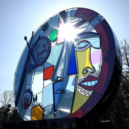 A striking monument dedicated to Picasso, featuring a large, abstract structure made of glass
