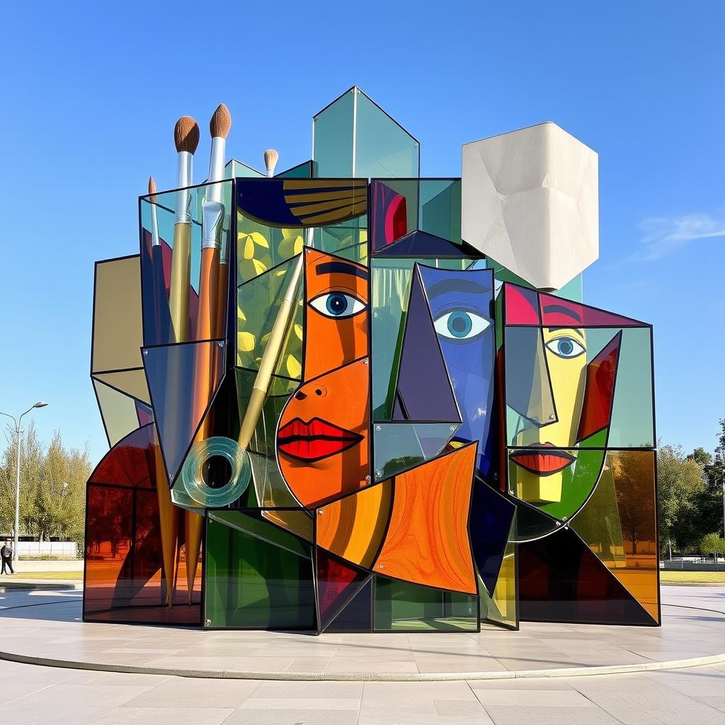 A striking monument dedicated to Picasso, featuring a large, abstract structure made of glass