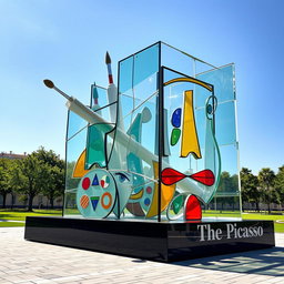 A striking monument dedicated to Picasso, featuring a large, abstract structure made of glass