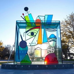 A striking monument dedicated to Picasso, featuring a large, abstract structure made of glass
