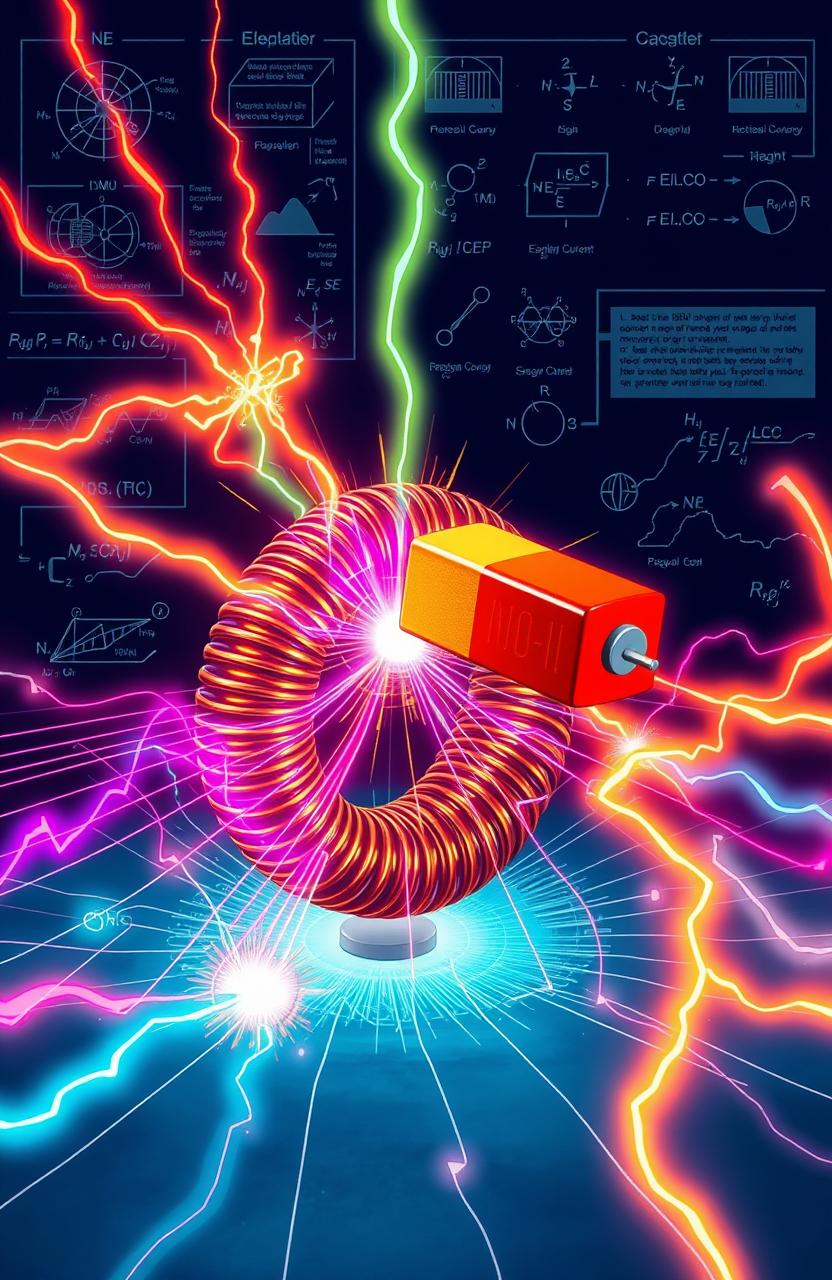 An intricate and detailed illustration of electromagnetic induction, showcasing the interaction between magnetic and electric fields