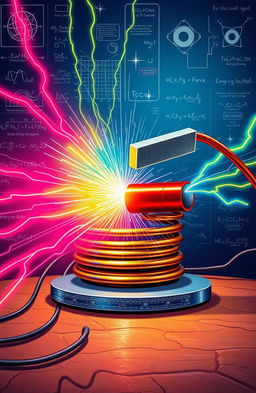 An intricate and detailed illustration of electromagnetic induction, showcasing the interaction between magnetic and electric fields