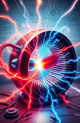 An intricate and detailed illustration of electromagnetic induction, showcasing the interaction between magnetic and electric fields