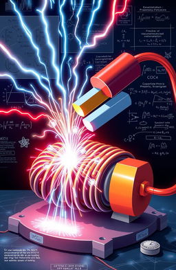 An intricate and detailed illustration of electromagnetic induction, showcasing the interaction between magnetic and electric fields