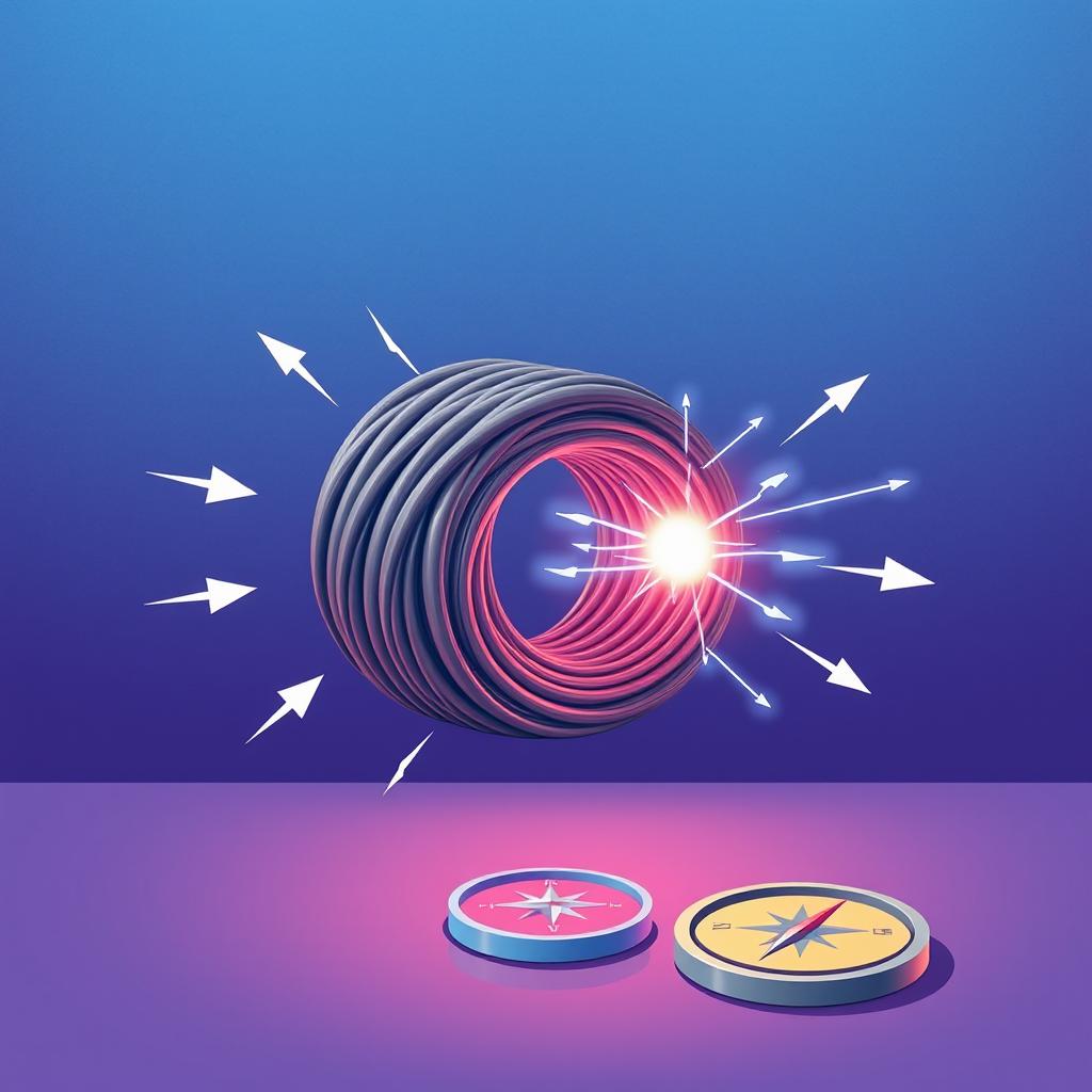 An illustration showcasing the concept of electromagnetic induction, featuring a large, detailed coil of wire with a bright electric current flowing through it, creating a magnetic field around it