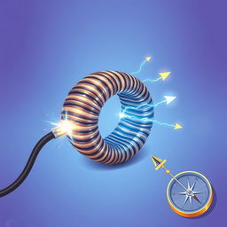 An illustration showcasing the concept of electromagnetic induction, featuring a large, detailed coil of wire with a bright electric current flowing through it, creating a magnetic field around it