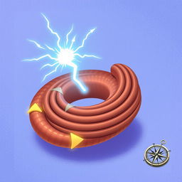 An illustration showcasing the concept of electromagnetic induction, featuring a large, detailed coil of wire with a bright electric current flowing through it, creating a magnetic field around it