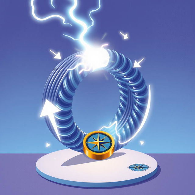 An illustration showcasing the concept of electromagnetic induction, featuring a large, detailed coil of wire with a bright electric current flowing through it, creating a magnetic field around it