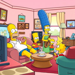 A vibrant and colorful illustration of The Simpsons characters in their classic setting
