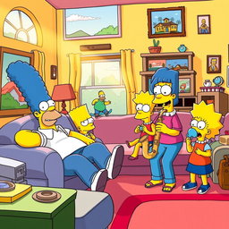 A vibrant and colorful illustration of The Simpsons characters in their classic setting