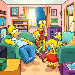 A vibrant and colorful illustration of The Simpsons characters in their classic setting