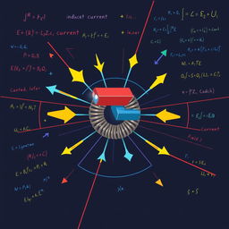 A visually engaging and informative illustration representing electromagnetic induction in the context of physics support