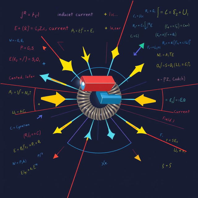A visually engaging and informative illustration representing electromagnetic induction in the context of physics support