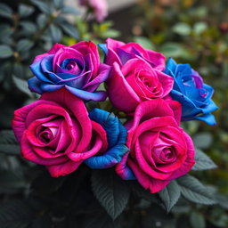 A vibrant bouquet of four bi-colored roses, showcasing a stunning blend of deep pink and vibrant blue hues