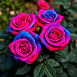 A vibrant bouquet of four bi-colored roses, showcasing a stunning blend of deep pink and vibrant blue hues