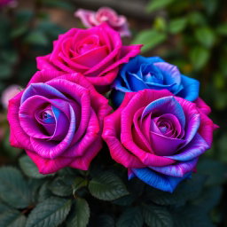 A vibrant bouquet of four bi-colored roses, showcasing a stunning blend of deep pink and vibrant blue hues