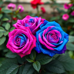 A vibrant bouquet of four bi-colored roses, showcasing a stunning blend of deep pink and vibrant blue hues