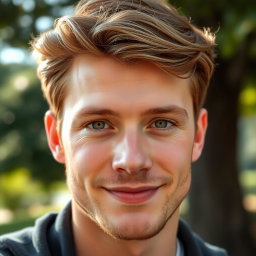 A portrait of a young man with light brown hair styled casually, sharp honey-colored eyes that convey warmth and intelligence, and a light stubbled beard giving him a mature yet youthful appearance