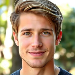 A portrait of a young man with light brown hair styled casually, sharp honey-colored eyes that convey warmth and intelligence, and a light stubbled beard giving him a mature yet youthful appearance