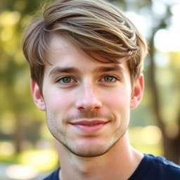 A portrait of a young man with light brown hair styled casually, sharp honey-colored eyes that convey warmth and intelligence, and a light stubbled beard giving him a mature yet youthful appearance