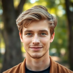 A portrait of a young man with light brown hair styled casually, sharp honey-colored eyes that convey warmth and intelligence, and a light stubbled beard giving him a mature yet youthful appearance