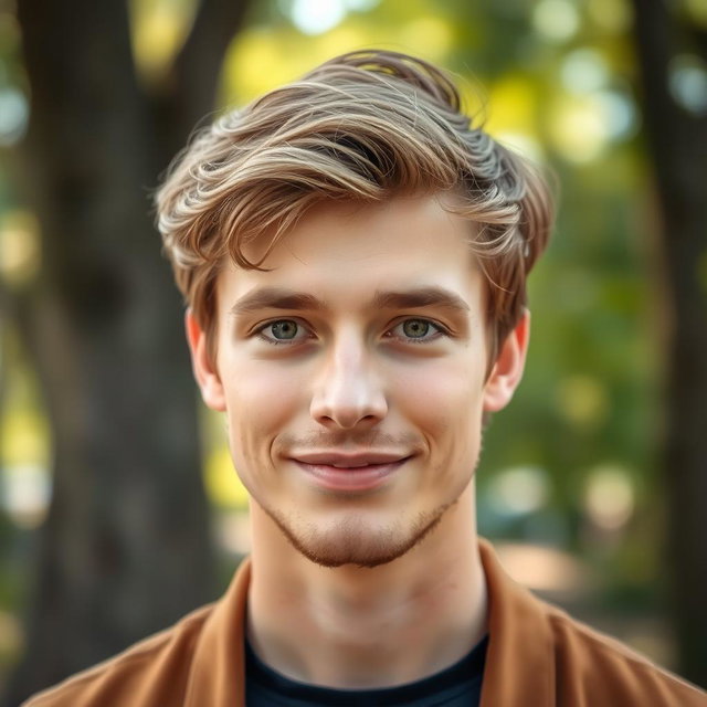 A portrait of a young man with light brown hair styled casually, sharp honey-colored eyes that convey warmth and intelligence, and a light stubbled beard giving him a mature yet youthful appearance