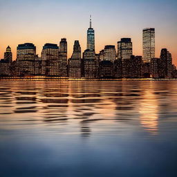 The iconic New York City skyline at dusk, displaying all the radiant lights of the towering skyscrapers, reflecting on the calm waters of the Hudson River.