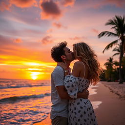 A romantic kissing scene between a couple on a picturesque beach at sunset